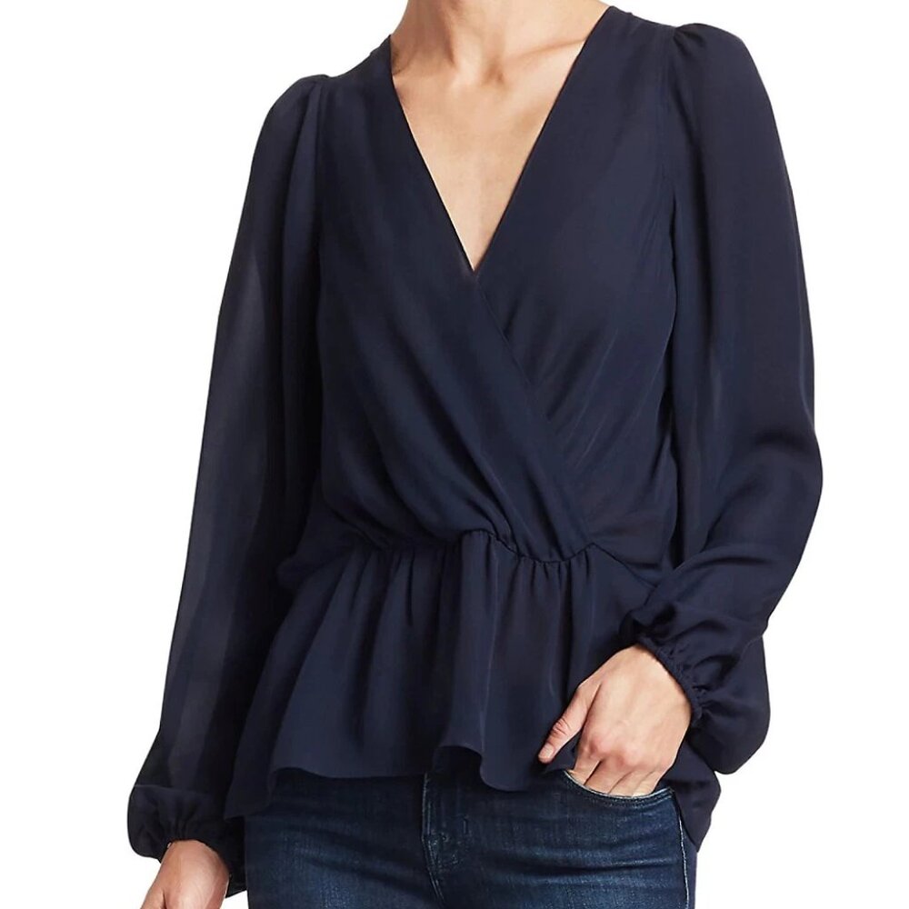 A.L.C. Eli Draped Surplice Button Back Silk Blouse Navy Top 5TOPS00471 MSRP $375